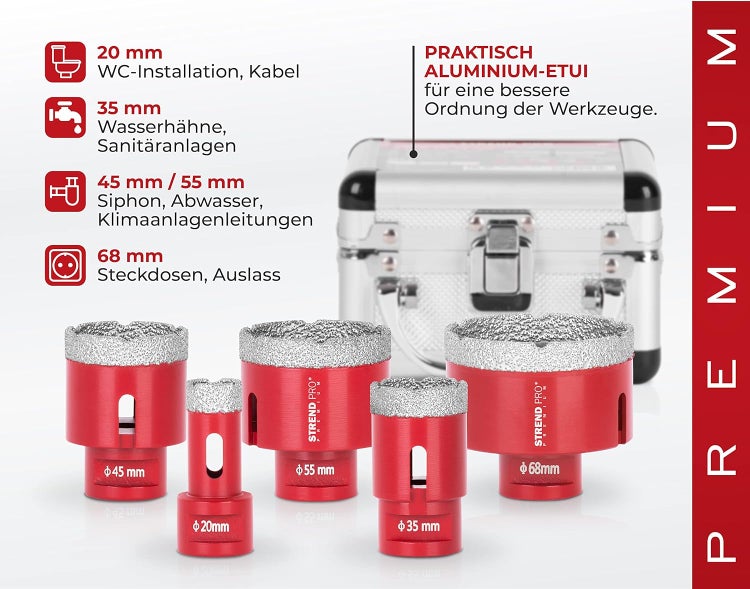 PROREGAL Diamant Bohrkronenaufsatz-Set Premium Crystal 20 - 35 - 45 - 55 - 68 mm für Fliesen Glas Feinsteinzeug Winkelschleifer Flex M14