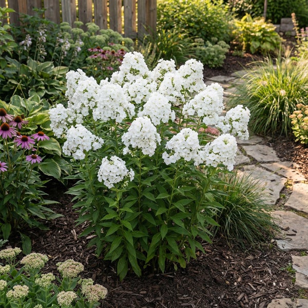 Weißer Phlox im Gartenbeet mit grünen Blättern und anderen Stauden auf dunklem Mulch neben einem Steinweg.