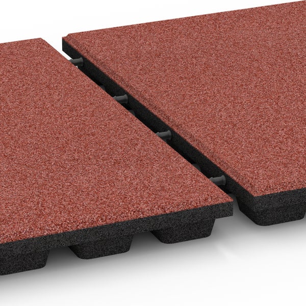 Zwei rote Fallschutzmatten aus Gummigranulat, verbunden mit Verbindungsstiften, mit schwarzer Unterseite und Drainageprofil.