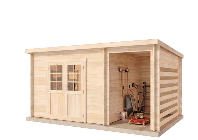 Alpholz Pultdach Gartenhaus Maria-28 Compact Gartenhaus aus Holz, Holzhaus mit 28 mm Wandstärke inklusive Schleppdach, Blockbohlenhaus mit Montagematerial, Naturbelassen 4,5x3m