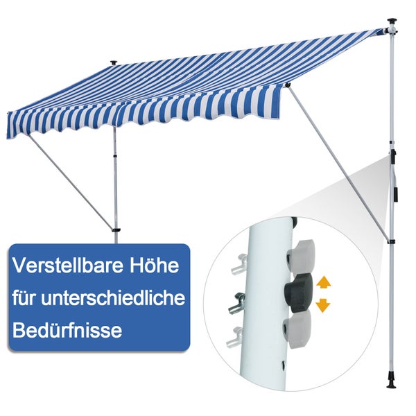Outsunny Markise, Klemmmarkise, 300 x 150cm, Alu, Blau+Weiß