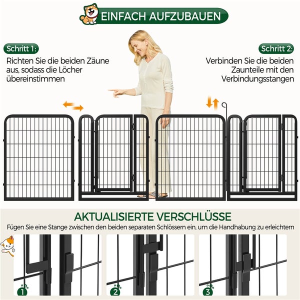 Anleitung zum einfachen Aufbau eines Tierzauns in zwei Schritten mit aktualisierten Verschlüssen für leichtere Handhabung.