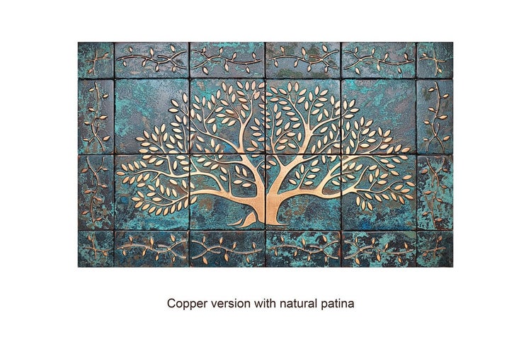 Wanddekoration aus Kupfer mit Baum-Motiv, bestehend aus mehreren Teilen