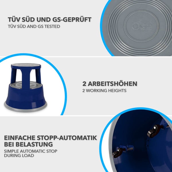 FLOORDIREKT Rollhocker - Elefantenfuß - aus Stahl - Mobiler Tritthocker - Sitzmöglichkeit für Büro und Gewerbe - Blau