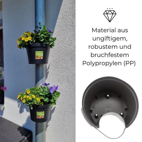 Blumentopf für Regenrohr Regenrinne Fallrohr Säule Pfosten Abflussrohr Hängetopf Pflanztopf Pflanzgefäß Anthrazit