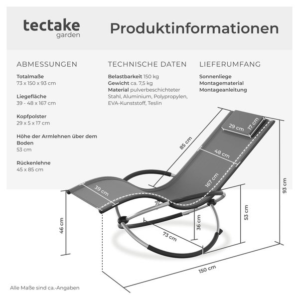 Infografik mit Abmessungen und technischen Daten der tectake Gartenliege, Belastbarkeit 150 Kilogramm, Materialien und Lieferumfang.