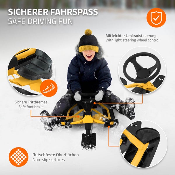 Hauki Lenkschlitten in Gelb, Kinderschlitten Rodel ab 5 Jahre, Skibob für Kinder und Erwachsene bis 90 kg, Schlitten mit Lenkrad, Fußbremse, Zugseil, Sitz mit Rückenlehne, Stahlrahmen, 119x38x50 cm