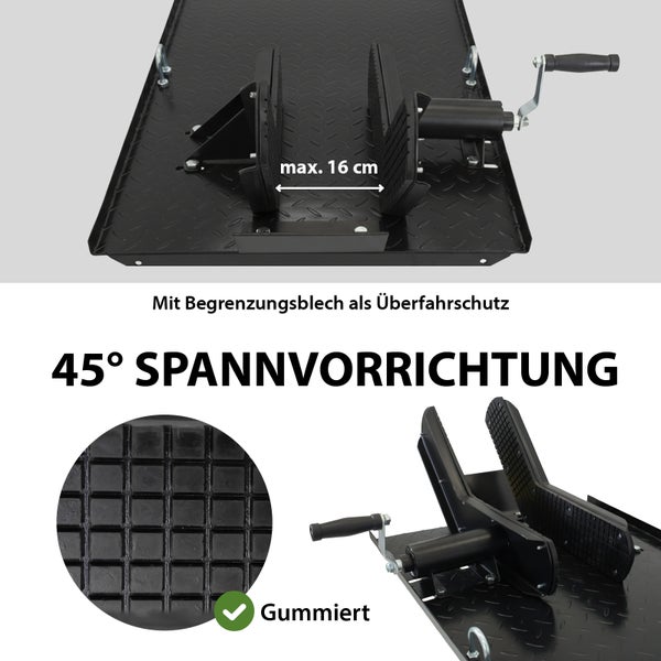 Motorradwippe mit Gummierung und Begrenzungsblech als Überfahrschutz, maximale Reifenbreite 16 cm