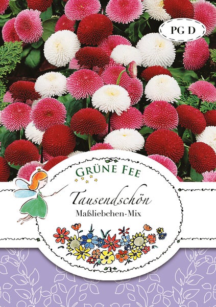 Grüne Fee Logo auf einer Samentüte Tausendschön Maßliebchen-Mix mit Abbildung vieler blühender Gänseblümchen.