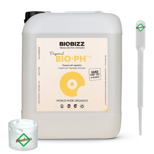 Biobizz Bio-pH organischer pH-Regulator im Kanister mit Biobizz Logo, Pipette und Messbecher mit Weedness Logo.