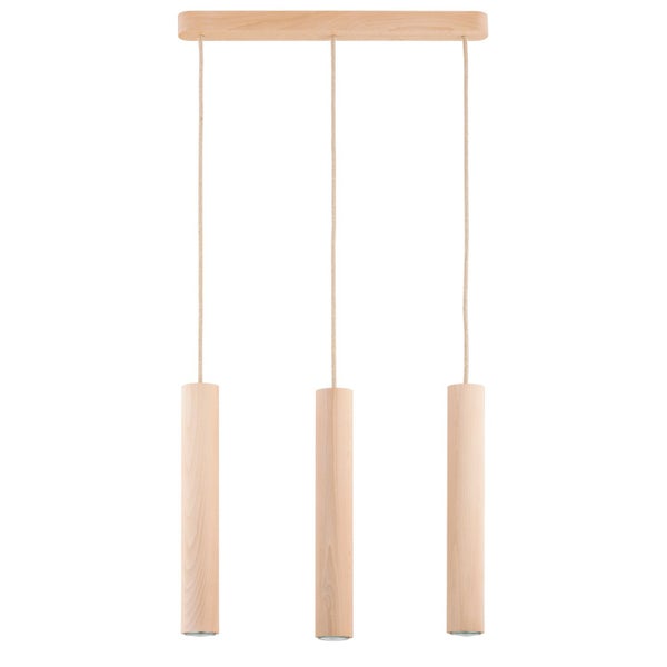 Dreiflammige Pendelleuchte aus Holz mit zylindrischen Leuchtkörpern
