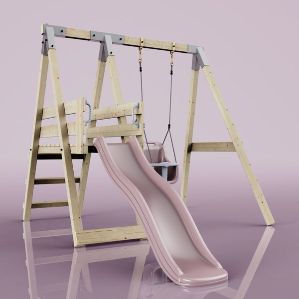 Kinderspielturm aus Holz mit Rutsche, Schaukel und Leiter.