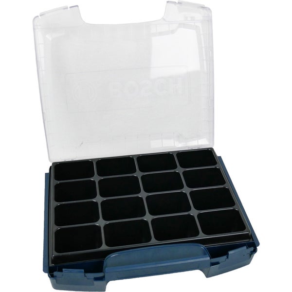 Offene Bosch Sortierbox aus Kunststoff mit 16 Fächern und transparentem Deckel.