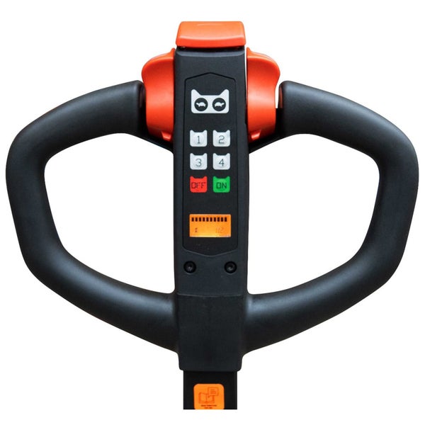 Deichselkopf eines Elektro-Hubwagens mit ergonomischen Griffen, Zifferntastatur, Ein- und Ausschalter sowie digitalem Display.