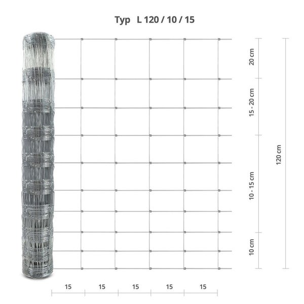 FLOORDIREKT Wildzaun - Verzinkter Weidezaun - Maschenbreite: 15 cm - 1,2 x 50 m