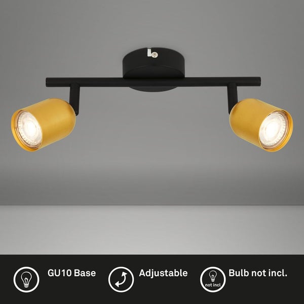 Zweiflammiger Deckenstrahler mit verstellbaren Spots, GU10 Fassung, ohne Leuchtmittel.