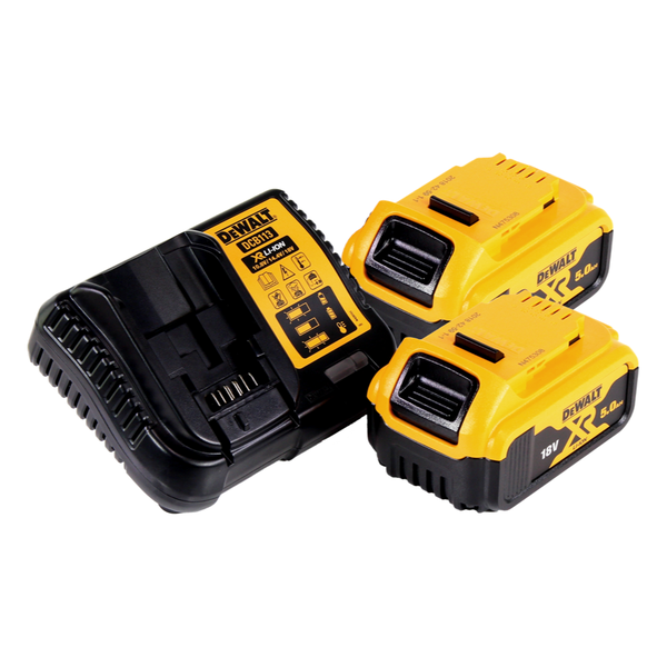 Gelb-schwarzes DeWalt Akku-Starter-Set mit einem Ladegerät DCB113 und zwei 18 Volt XR Lithium-Ionen-Akkus mit 5,0 Amperestunden.