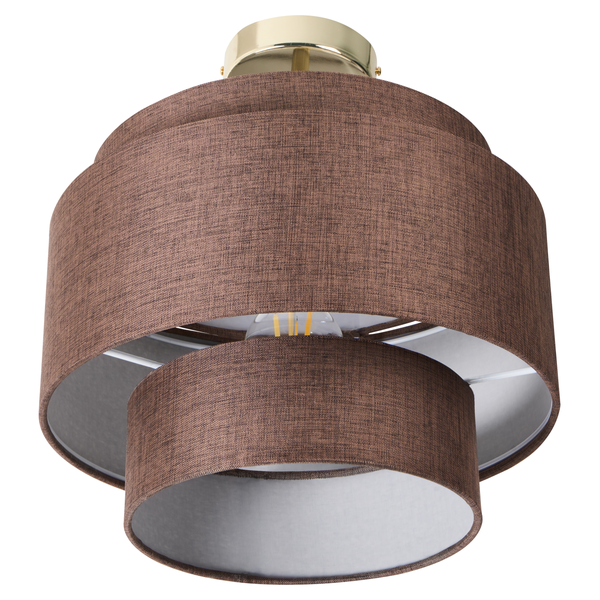 Deckenleuchte mit zweistufigem braunem Stoffschirm und goldfarbenem Metallsockel.