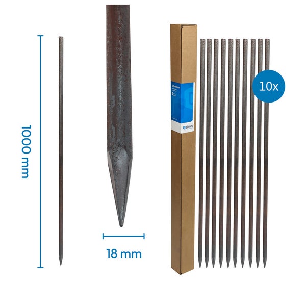 Set aus 10 Schnureisen aus Stahl, Länge 1000 Millimeter, Durchmesser 18 Millimeter, mit Kartonverpackung.
