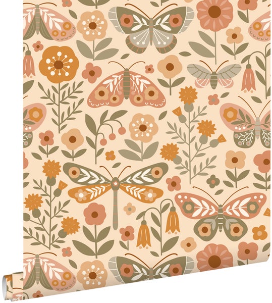 Tapete mit Blumen-, Schmetterlings- und Libellenmuster