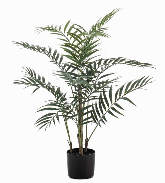 Künstliche Palme im schwarzen Topf mit grünen Blättern.