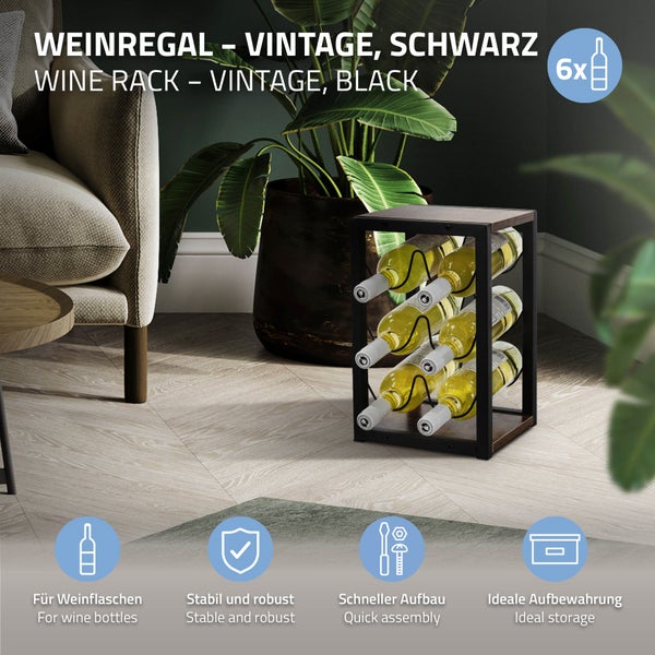 ML-Design Weinregal für 6 Flaschen, 24x21x37,5 cm, Vintage, Freistehendes Flaschenregal aus Holz & Metall, Wein Halter klein, Flaschenhalter Flaschenständer Weinständer Weinschrank Aufbewahrungsregal