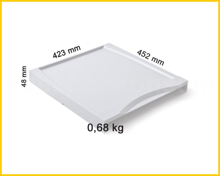 Weiße rechteckige Komponente, 423 Millimeter mal 452 Millimeter mal 48 Millimeter, Gewicht null Komma sechs acht Kilogramm.