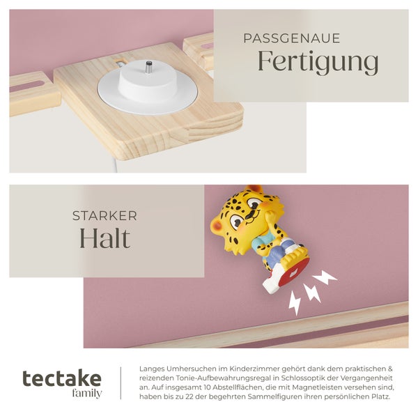 Detailaufnahme eines Tonie-Regals mit passgenauer Fertigung und starkem Halt, inklusive Tectake Family Logo