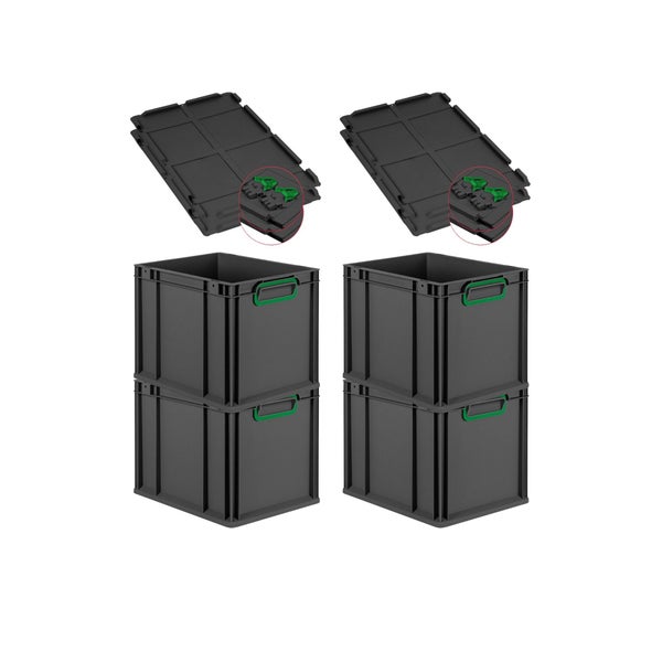 PROREGAL SuperSparSet 4x Eurobox NextGen Color mit Scharnierdeckel und Schiebeschnappverschlüssen, HxBxT 32x30x40cm, 30 Liter, Schwarz, Griffe grün geschlossen, Eurobehälter, Transportbox, Transportbehälter, Stapelbehälter