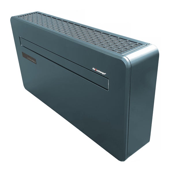 Anthrazitfarbene AirExchange Monoblock-Klimaanlage mit Bedienfeld und Lüftungsgitter an der Oberseite.