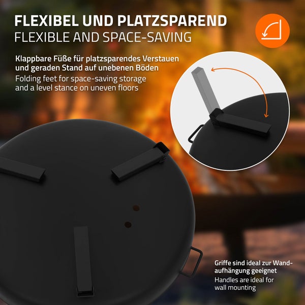 ECD Germany Feuerschale Ø80 x 29 cm mit 3 klappbaren Füßen, Dreibein Feuerstelle für den Garten, Stahl Feuerkorb rund mit 2 Griffen & 2 Entwässerungslöcher, Outdoor Eisenschale Feuertonne BBQ Camping
