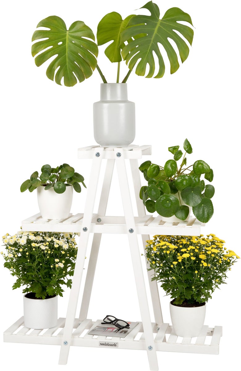 needs&wants® Pflanzenregal Blumenständer aus Holz wetterfest für Outdoor Balkon Garten draußen Indoor innen Wand, Pflanzenständer Blumentreppe, weiß