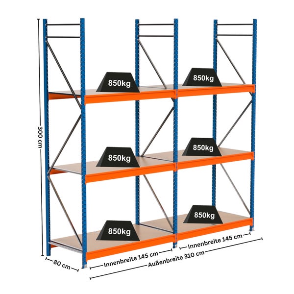 Hochregal mit drei Ebenen und einer Traglast von 850 Kilogramm pro Ebene