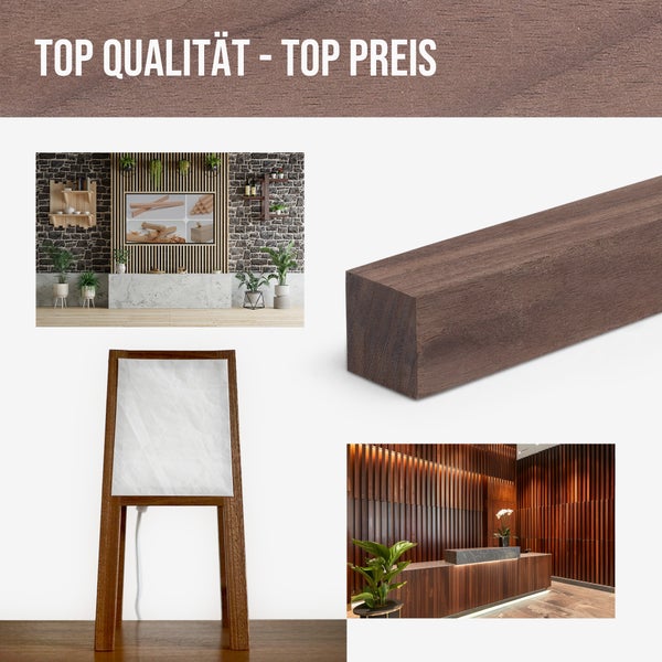 Dunkelbraunes Kantholz aus Massivholz in verschiedenen Anwendungsbeispielen wie Wandverkleidungen und Möbelbau.