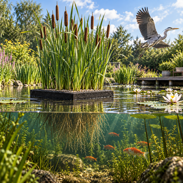 Schwimminsel mit Schilf und Rohrkolben in einem Gartenteich mit Unterwasseransicht und fliegendem Graureiher.