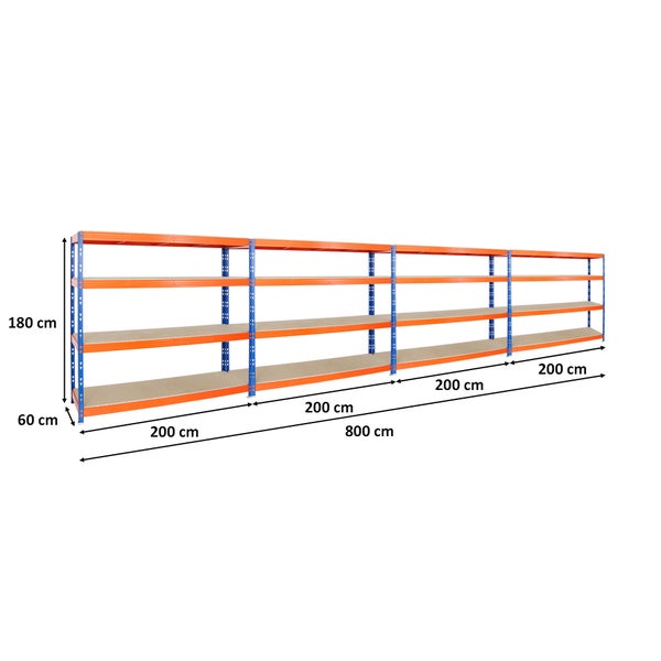 PROREGAL Mega Deal 4x Profi Schwerlastregal Rhino HxBxT 180 x 200 x 60 cm 4 Spanplatten-Ebenen 16mm Fachlast 500 kg Blau-Orange