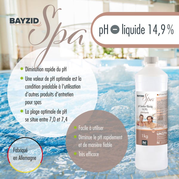 Bayzid Spa pH-Senker flüssig 14,9 Prozent in einer Flasche vor dem Hintergrund eines Pools. Hergestellt in Deutschland.