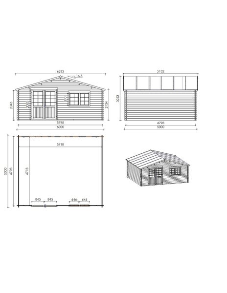 Technische Zeichnung und Grundriss eines Gartenhauses aus Holz mit Maßen, Vorderansicht mit Doppeltür und Fenster, Seitenansicht und 3D-Ansicht.