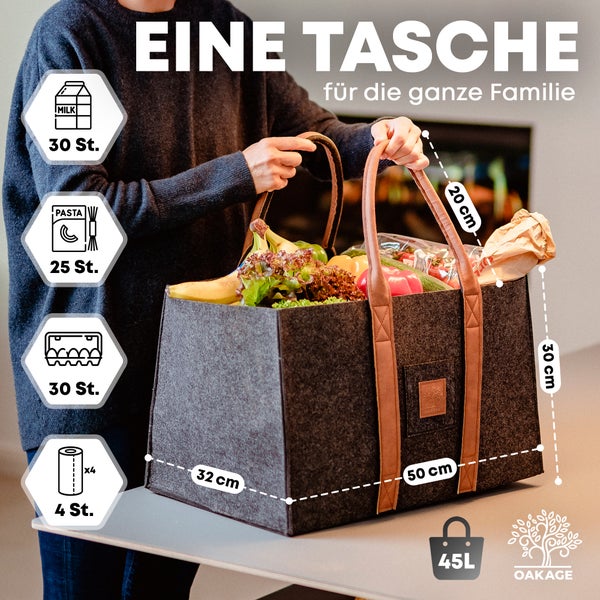 OAKAGE® SinglePack Dunkelgrau Holzkorb und Filzshopper - Dein Alltagsbegleiter - 50x32x30cm