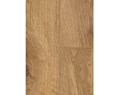 Laminatboden mit Eichendekor, ausgeprägter Holzmaserung und sichtbaren Astlöchern.