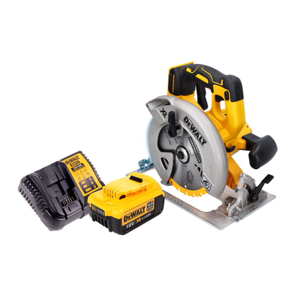 DeWALT Akku-Handkreissäge Set inklusive 18 Volt Lithium-Ionen Akku mit 4 Amperestunden und Ladegerät.