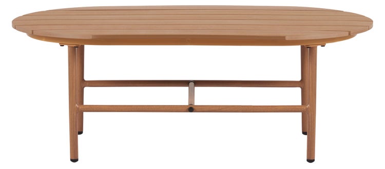 Ovaler Garten-Couchtisch in Holzoptik mit Lattendesign und stabiler Unterkonstruktion.