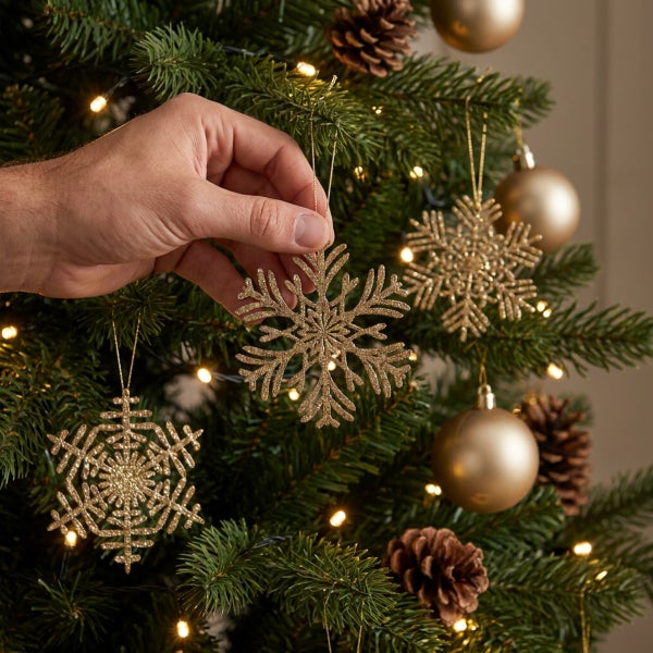 Hand hängt glitzernden Schneeflocken Anhänger an einen Weihnachtsbaum mit Kugeln und Tannenzapfen