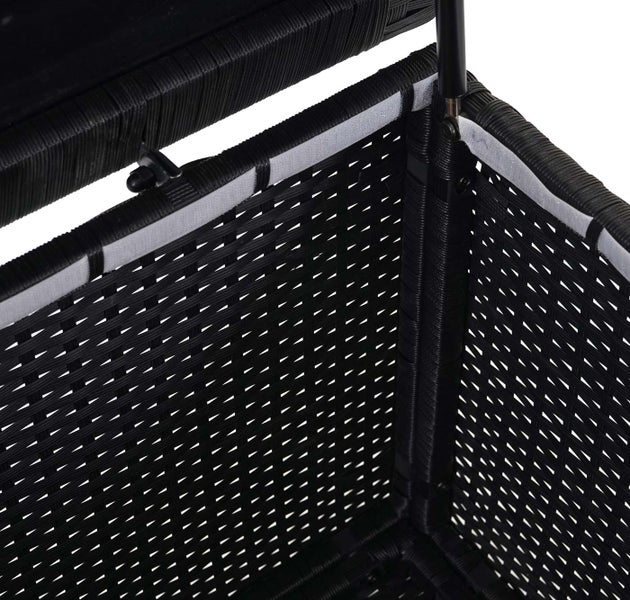 Detailansicht einer Aufbewahrungsbox aus Polyrattan mit Deckel