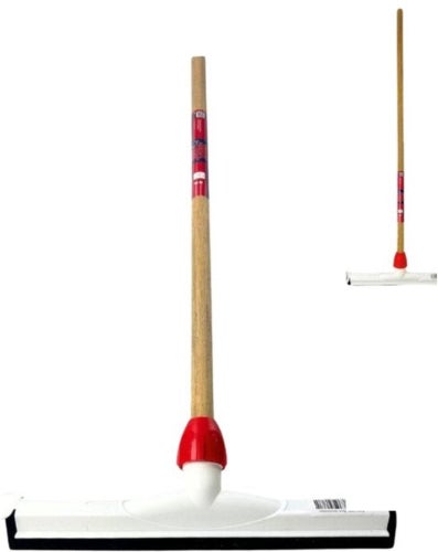 Wasserschieber mit Holzstiel, weißem Kunststoffgehäuse und schwarzer Gummilippe.