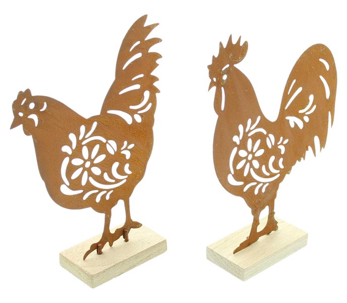 FRANK FLECHTWAREN | Figur Huhn & Hahn, 2er Set, METALL, HOLZ, 14,5 x 4,5 x 20 cm, 15,5 x 4,5 x 20 cm