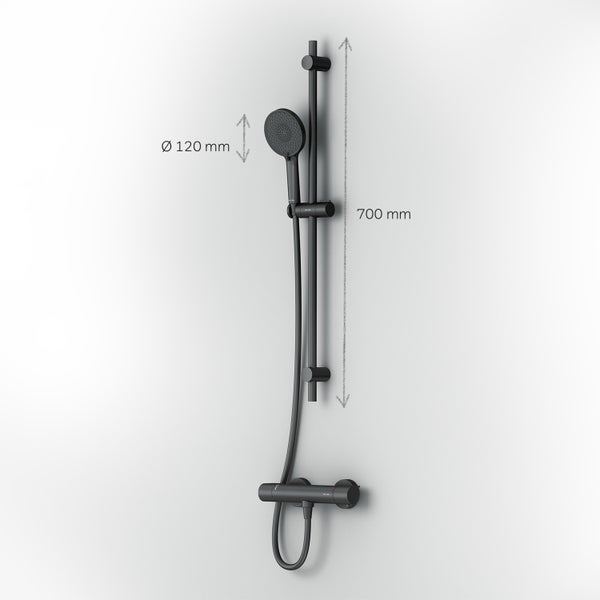 Duschsystem mit Handbrause, 120 Millimeter Durchmesser und 700 Millimeter Duschstange inklusive Thermostatarmatur.