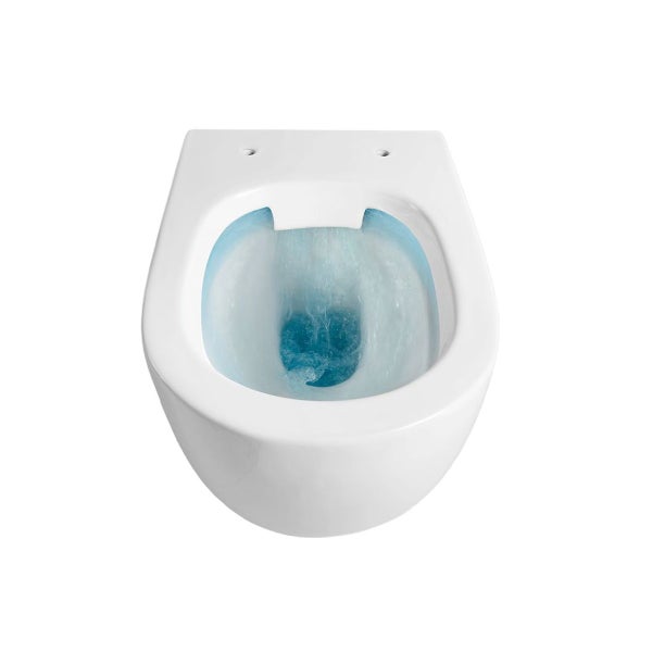 Spülrandloses Wand-WC aus weißer Keramik mit aktivem Spülvorgang in der Draufsicht.