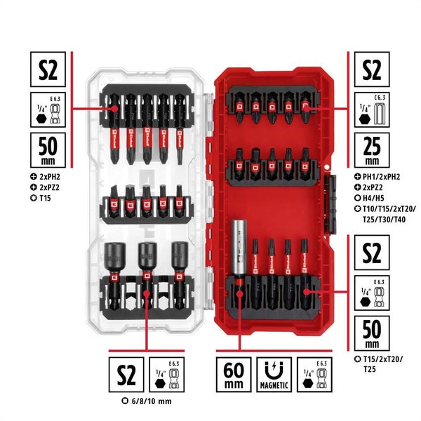 Original Einhell S-CASE 28-tlg. schlagfestes Bit-Set (25-mm-Bits, 50-mm-Bits, 60-mm-Bithalter, Steckschlüsseleinsätze inkl. Aufbewahrungsbox)