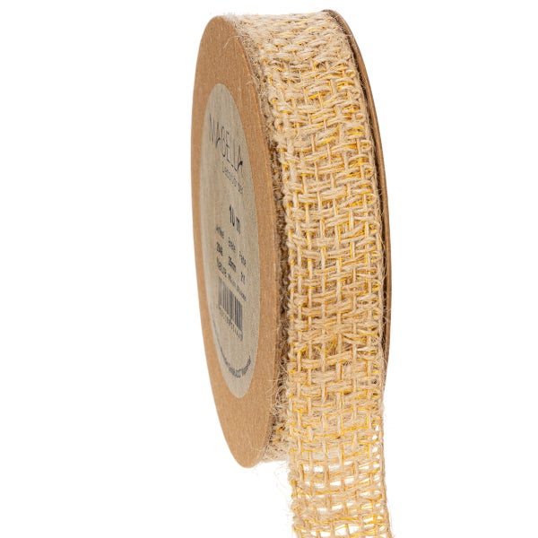 Nabella Dekoband aus Jute mit Goldfäden auf Rolle, 10 Meter lang.